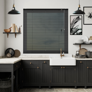 Deep Black Gloss Venetian Blinds Open