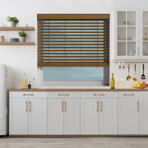 Desert Oak Wood Grain Faux Wood with Hessian Tape Wood Venetian Blinds Open