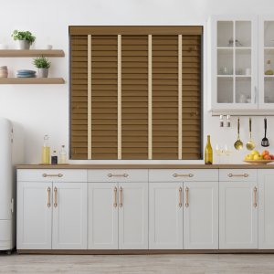 Desert Oak Wood Grain Faux Wood with Hessian Tape Wood Venetian Blinds