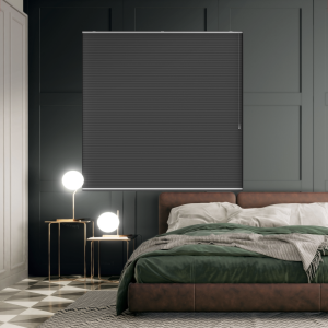 Free Hanging Dovestone Blackout Onyx Pleated Honeycomb Blind Bottom Up Open