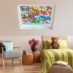 Graffiti (BLACKOUT) Optilight Roof Window Blinds White Frame