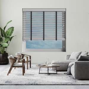 Kalm with Jet Tape Wood Venetian Blinds Open