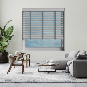 Kalm with Slate Tape Wood Venetian Blinds Open