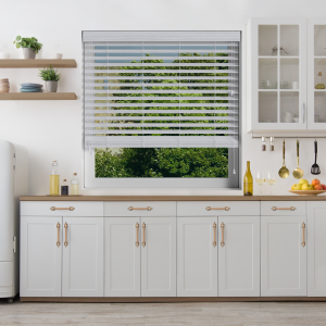 Lunar Oak Wood Grain Faux Wood Wood Venetian Blinds Open