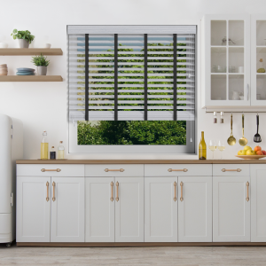 Lunar Oak Wood Grain Faux Wood with Jet Tape Wood Venetian Blinds Open