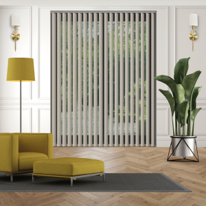 Luxe Stone Grey Vertical Blinds Open