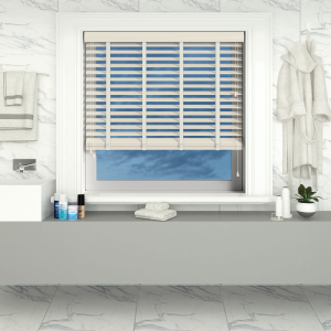 Mirage Faux Wood with Chalk Tape Wood Venetian Blinds Open