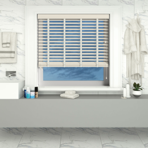 Mirage Wood Grain Faux Wood with Chalk Tape Wood Venetian Blinds Open