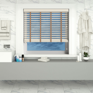 Mirage Wood Grain Faux Wood with Toffee Tape Wood Venetian Blinds Open