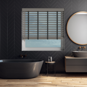 Orion Wood Grain Faux Wood with Smoke Tape Wood Venetian Blinds Open