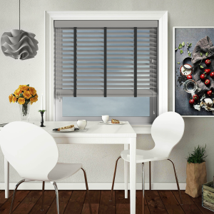 Pavillion with Smoke Tape Wood Venetian Blinds Open