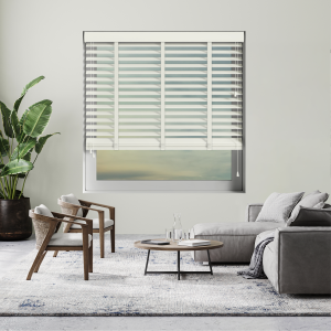 Polar with Chalk Tape Wood Venetian Blinds Open