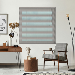 Putty Pin Stripe Venetian Blinds Open