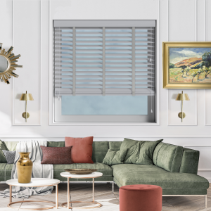 Realm Wood Grain Faux Wood with Noble Tape Wood Venetian Blinds Open