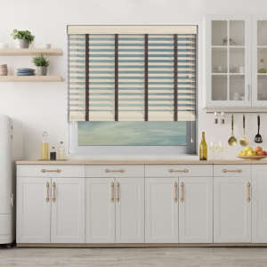 Scandi Oak Wood Grain Faux Wood with Coffee Tape Wood Venetian Blinds Open