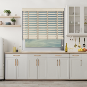 Scandi Oak Wood Grain Faux Wood with Light Beige Tape Wood Venetian Blinds Open