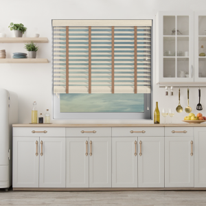 Scandi Oak Wood Grain Faux Wood with Toffee Tape Wood Venetian Blinds Open