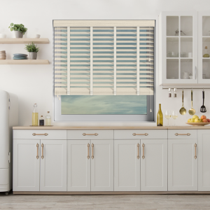 Scandi Oak Wood Grain Faux Wood with Vanilla Tape Wood Venetian Blinds Open