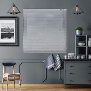 Stripe Grey Venetian Blinds Open
