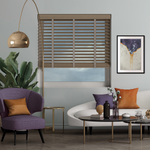 Urban Oak with Truffle Tape Wood Venetian Blinds Open