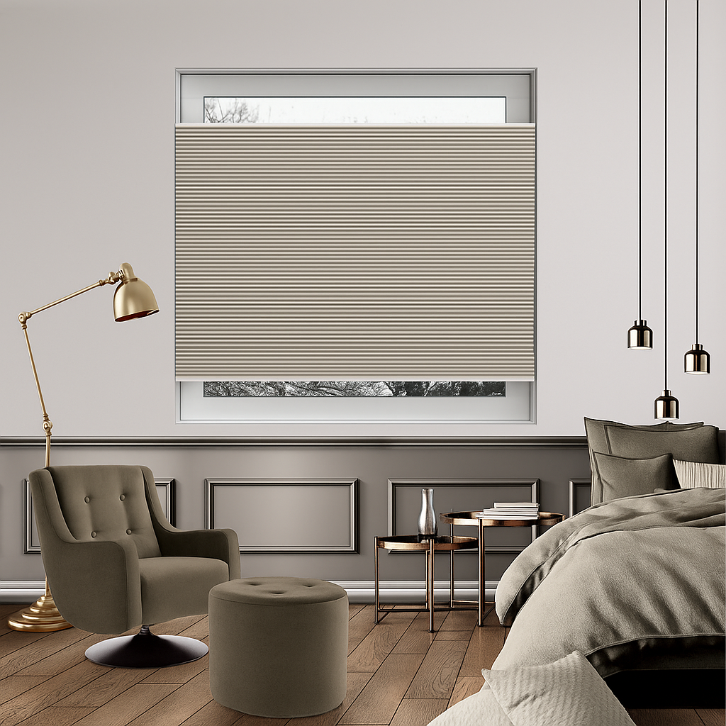 Tensioned Vexia Blackout Stone Honeycomb Pleated Blind – Modern Bedroom Style