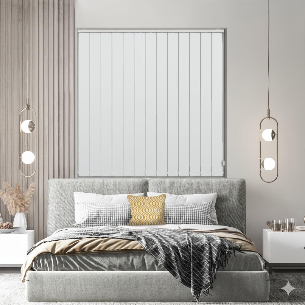 Modern bedroom with vertical white blinds, grey upholstered bed, neutral décor, and hanging pendant lights.
