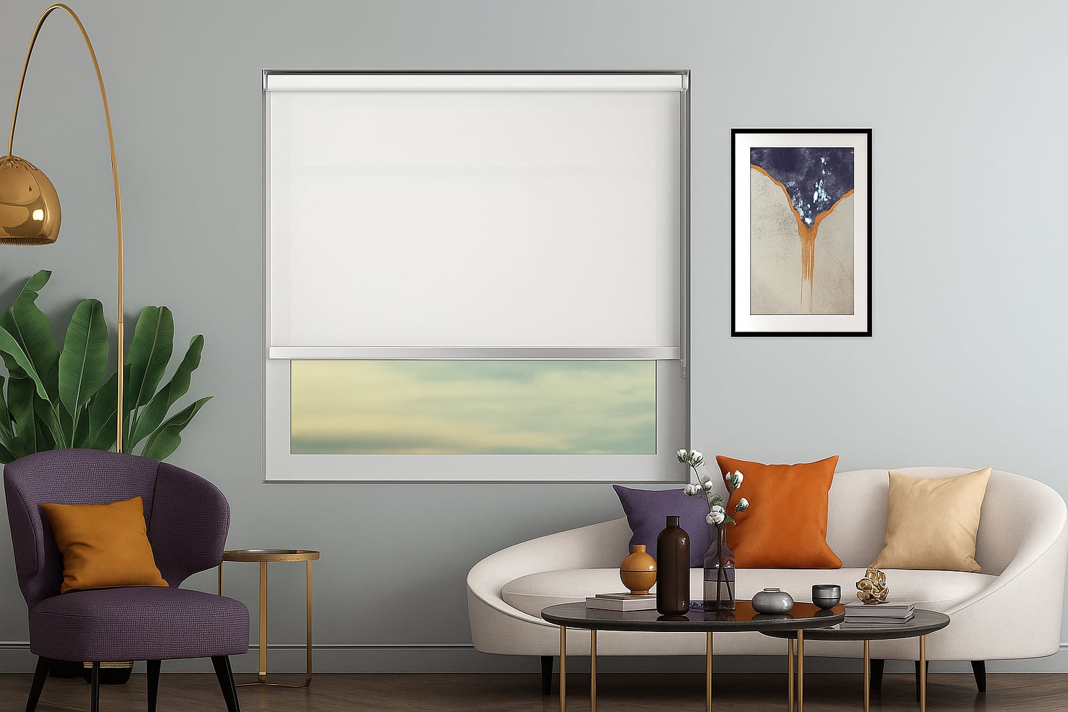 Modern living room with a white roller blind featuring a chrome bottom bar, styled with a purple chair, white sofa with orange and beige cushions, and a gold floor lamp.