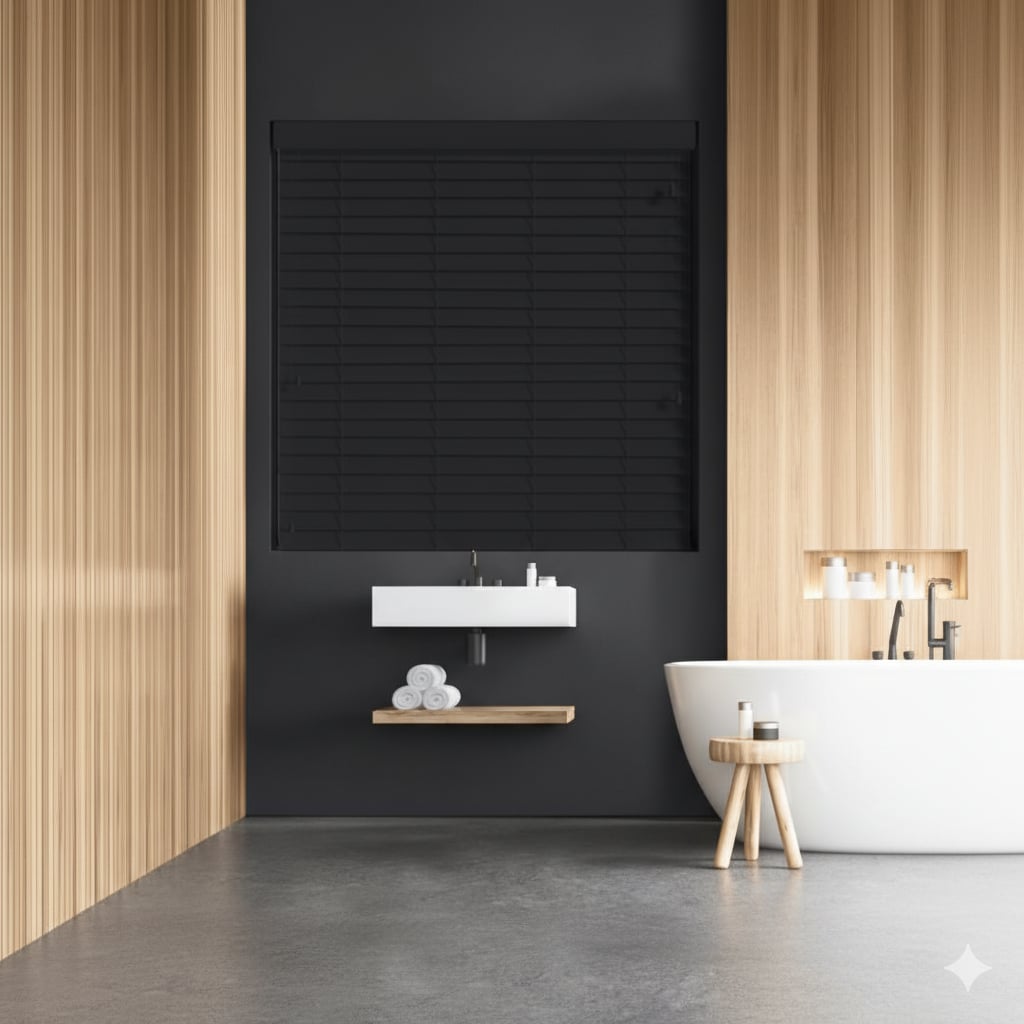 Modern bathroom with black Venetian blinds, freestanding white bathtub, wood panel walls, and minimalist sink design.