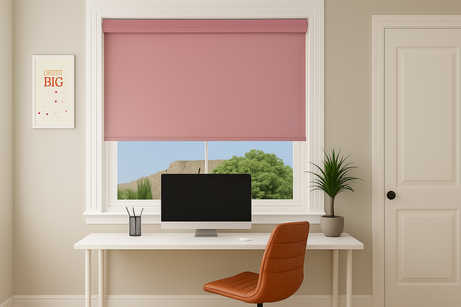 Minimalist home office with pink roller blinds, white desk, and modern decor.
