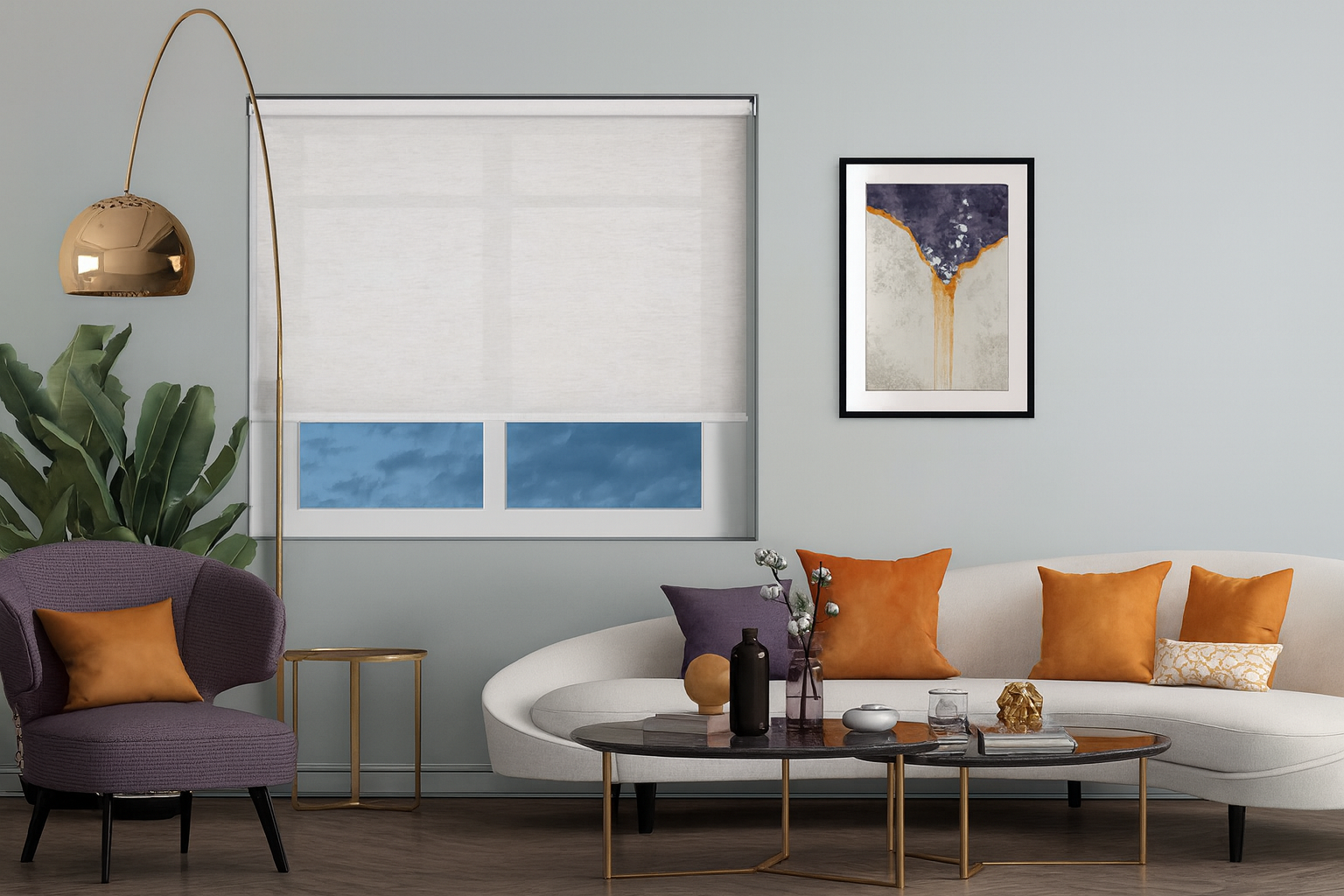 A contemporary living room with a white sofa, orange and purple cushions, a purple armchair, gold floor lamp, framed abstract artwork, and a large window with cream blinds.