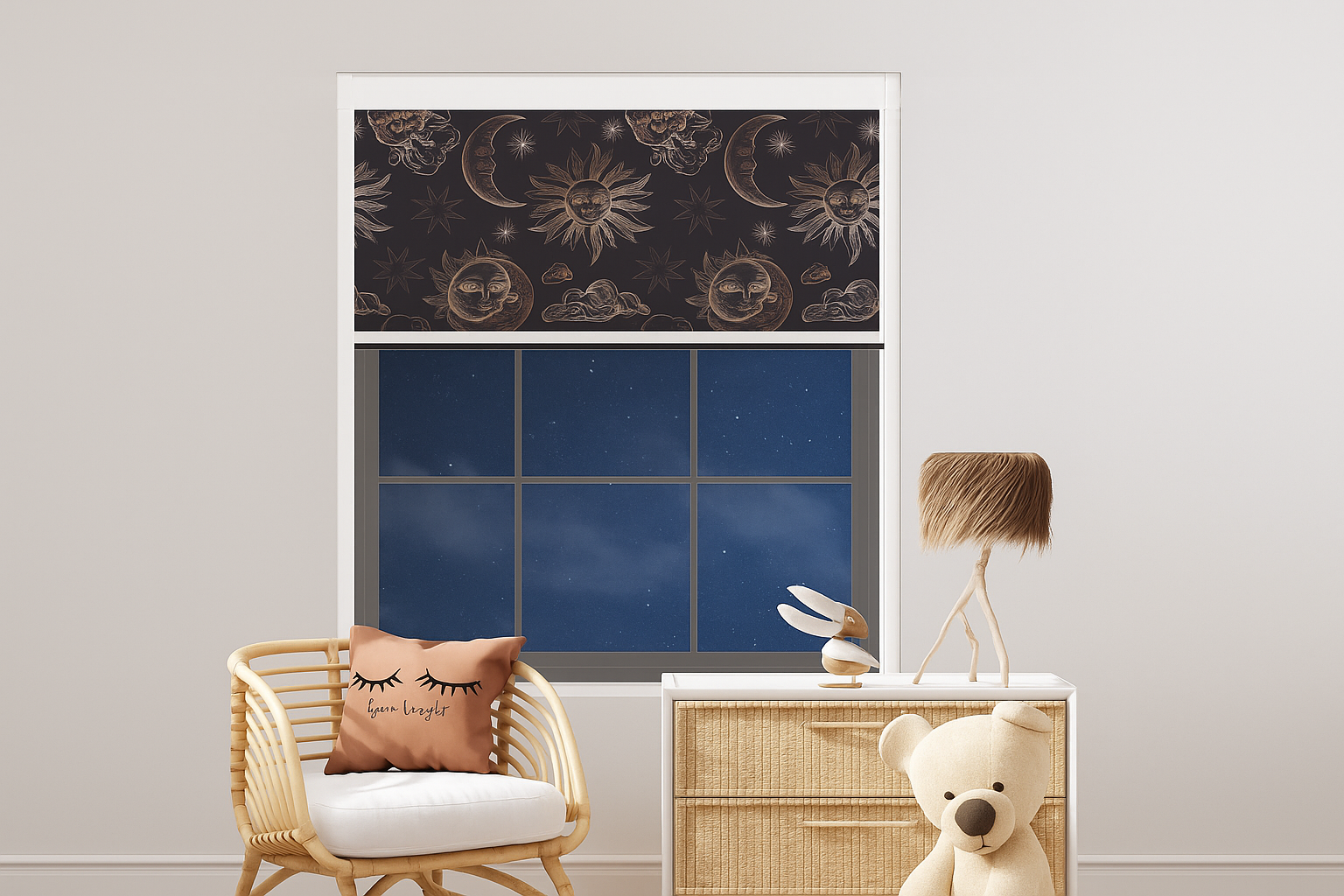A cozy children’s room featuring a window with celestial-patterned blinds, a rattan chair with a “Goodnight” pillow, a wicker dresser with a whimsical lamp, and a teddy bear, all set against a soft neutral background.