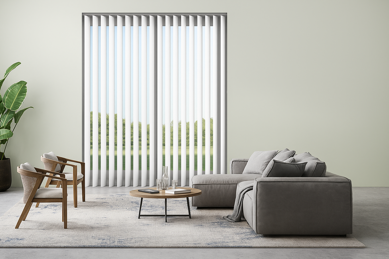 A contemporary living room with vertical blinds, a gray sectional sofa, wooden armchairs, and a minimalist coffee table on a textured rug.