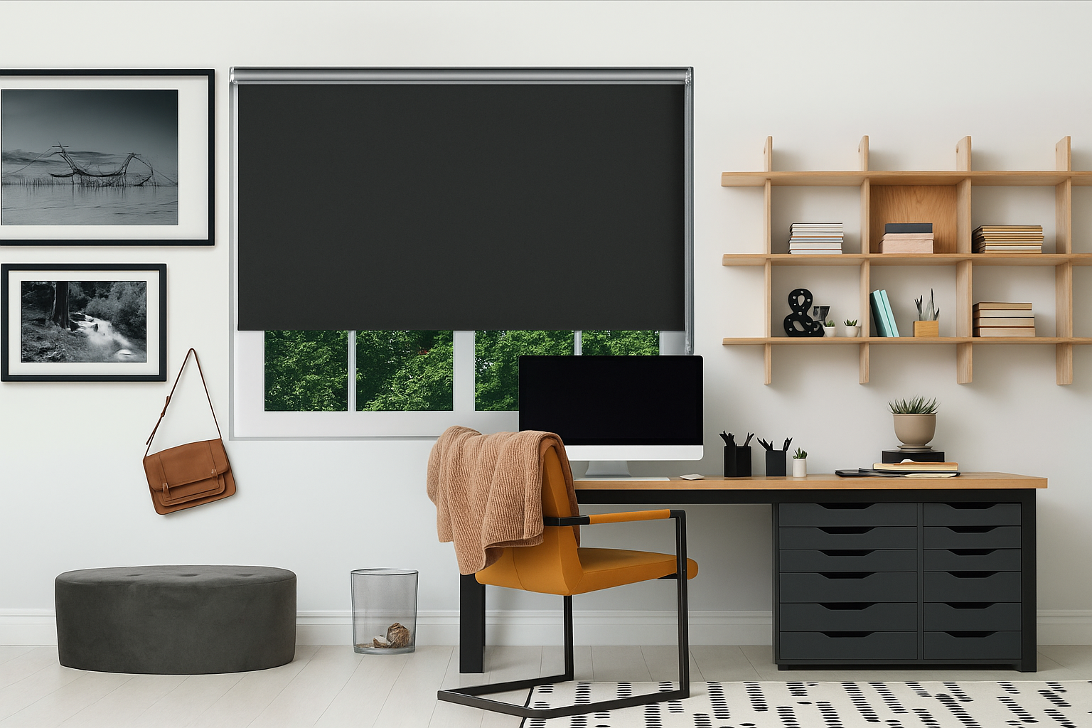 Mirage Solar Black roller blind covering a window in a modern home office setting