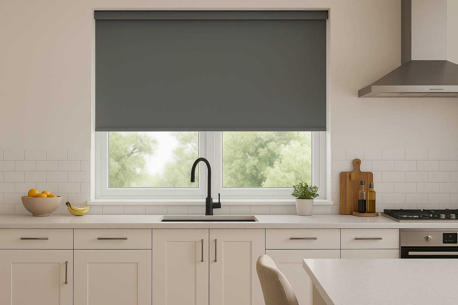 Grey made-to-measure blinds in a modern kitchen room setting