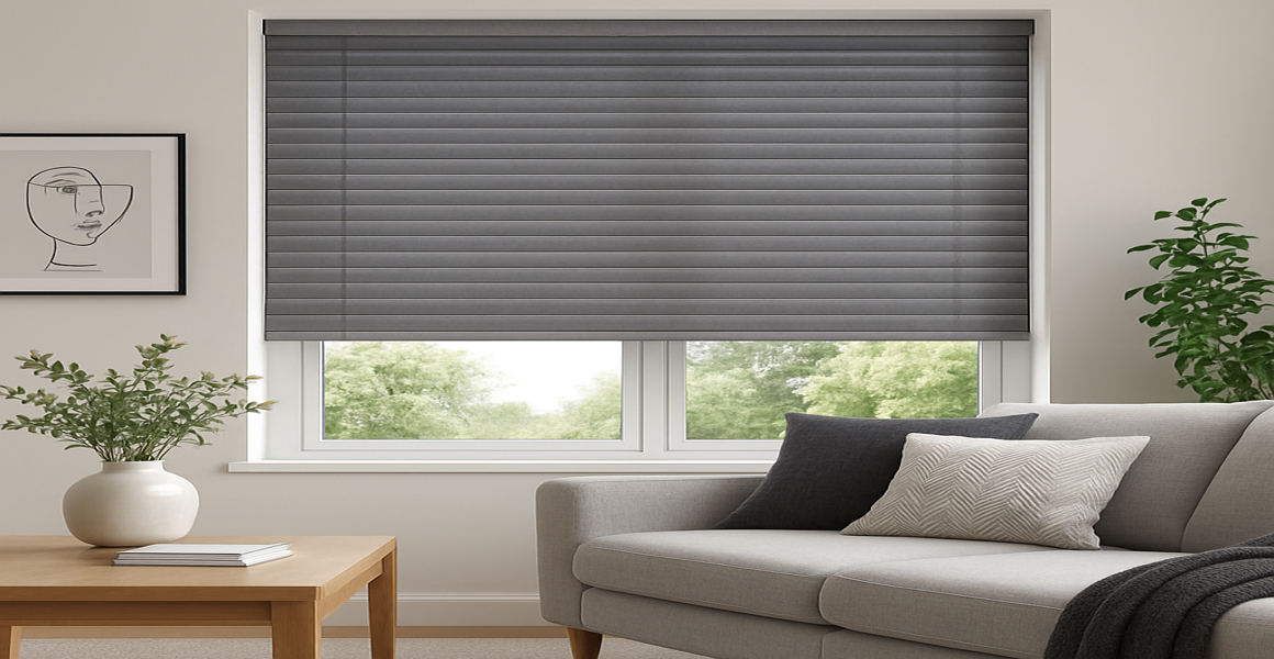 Grey made-to-measure blinds in a modern living room setting