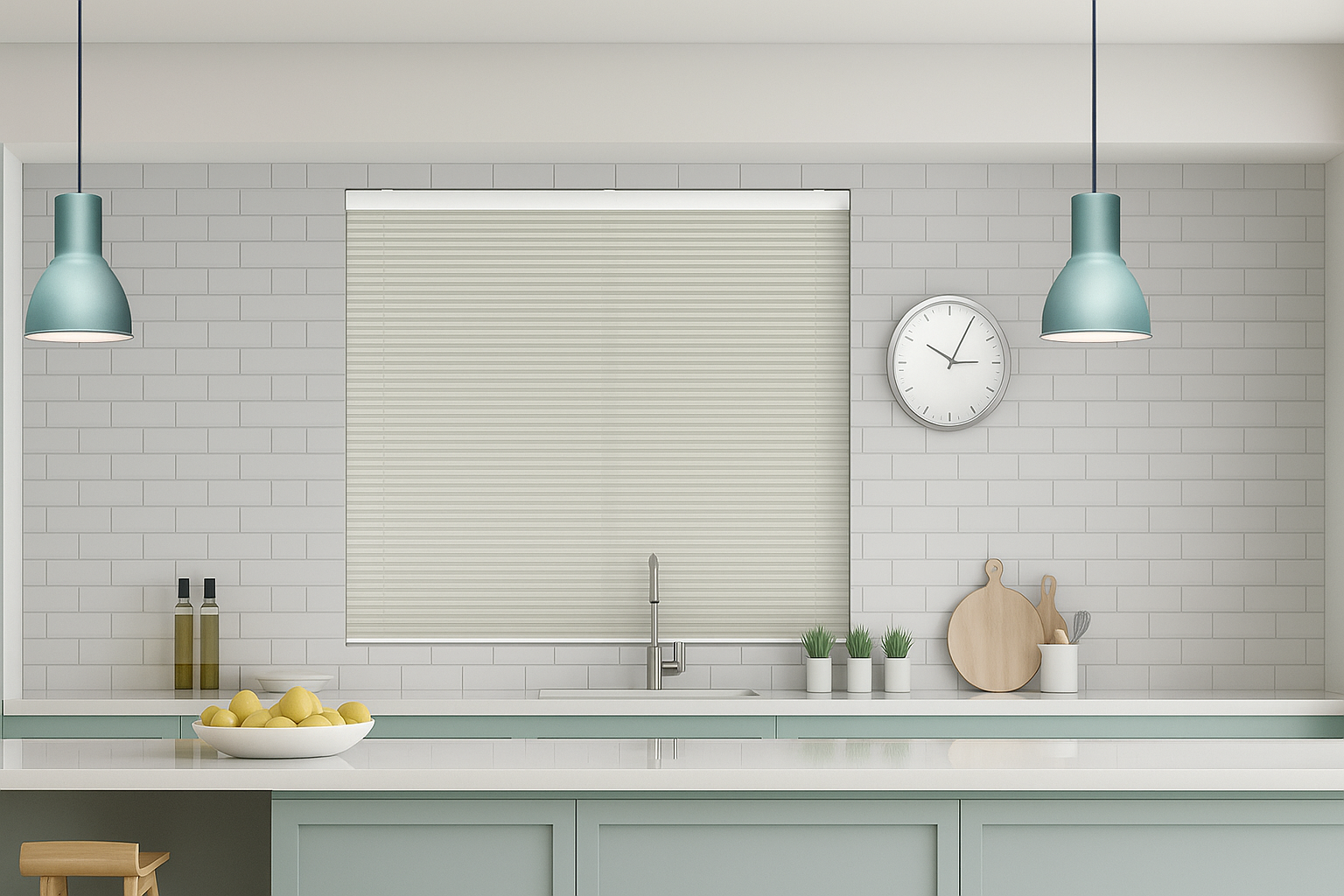 Modern kitchen interior featuring a Maven Sapling Green Cordless Honeycomb Pleated Blind above a sink, with mint-green cabinets, white subway tiles, and pendant lights.