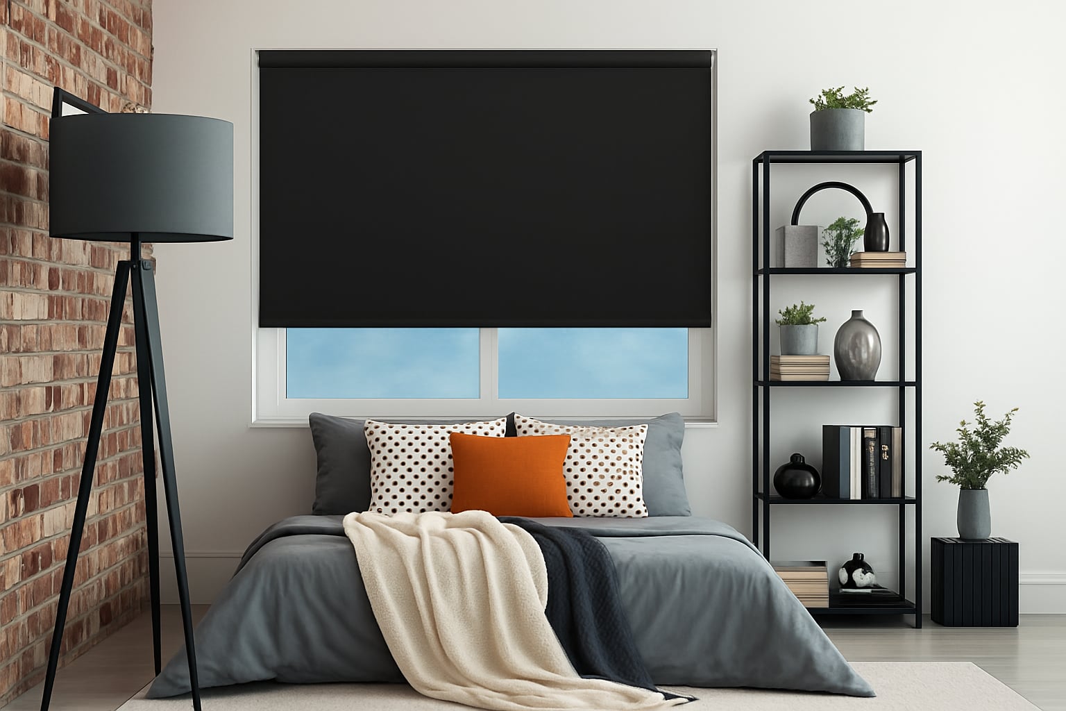Modern bedroom with black roller blind, grey bedding, and accent cushions with a brick feature wall and shelving unit.
