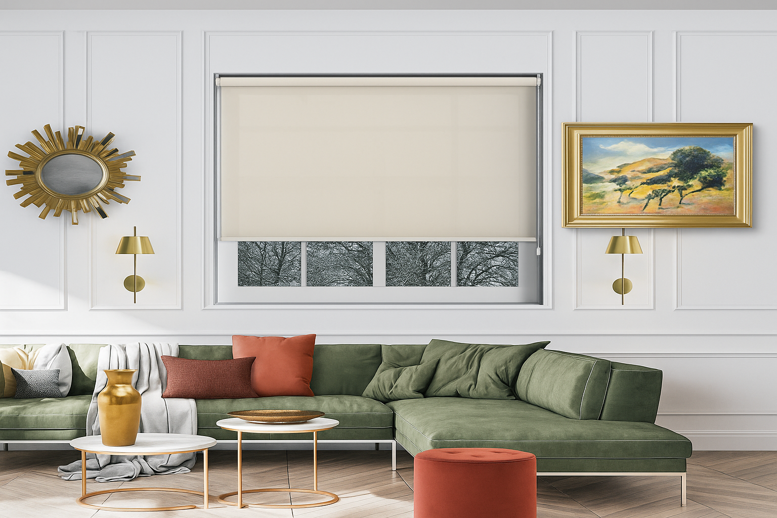 A modern living room with a green velvet sectional sofa, warm-toned pillows, gold-accented wall décor, and a large window with beige roller blinds, creating a cozy and elegant atmosphere.