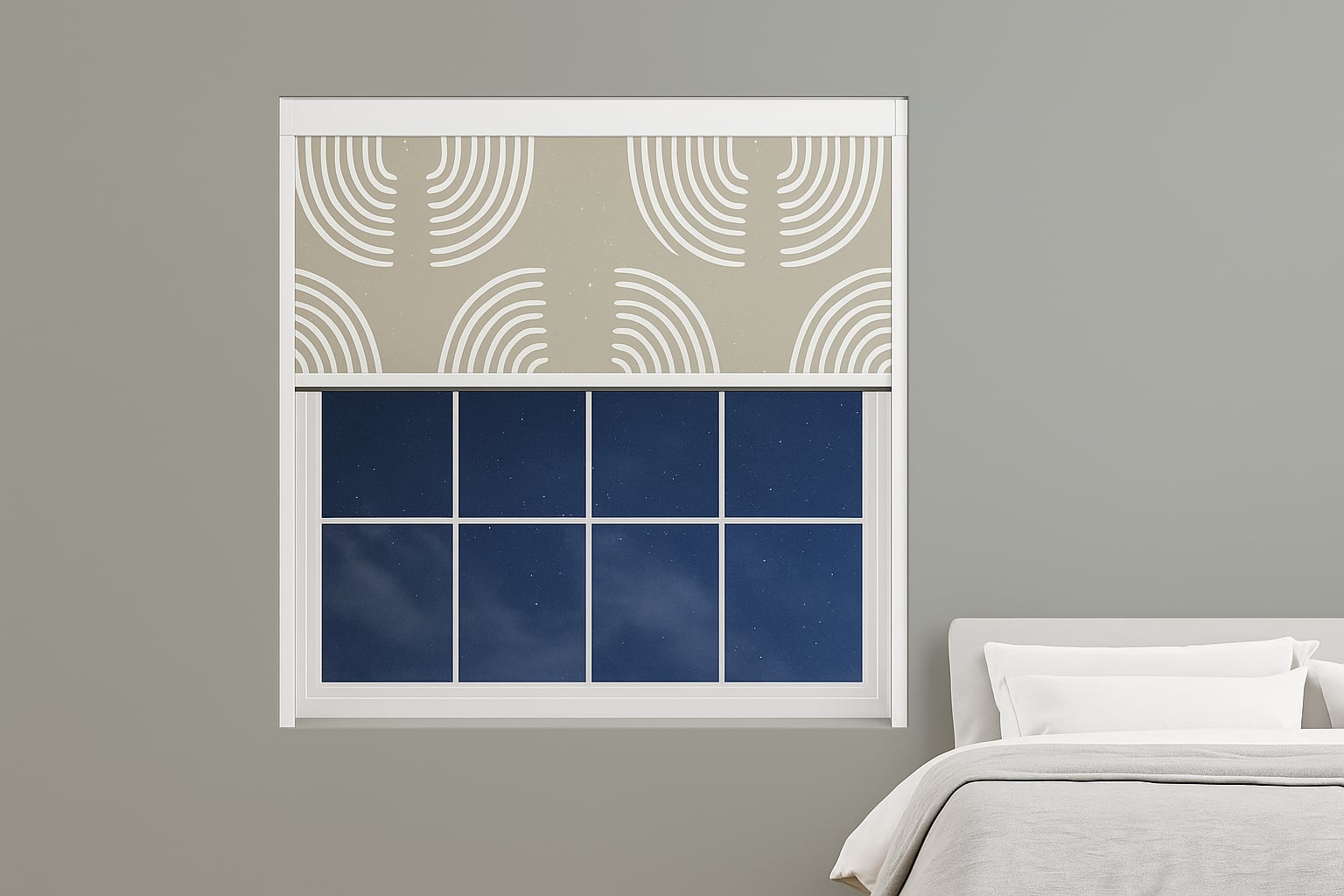 Beige patterned roller blind with white curved designs fitted to a bedroom window.